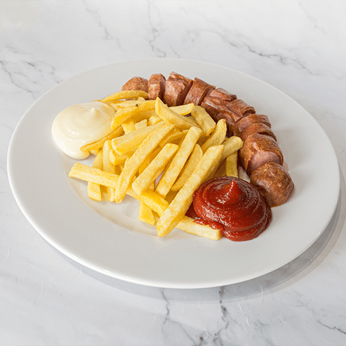 XXL Chicken Currywurst mit Pommes frites, Currypulver und Ketchu
