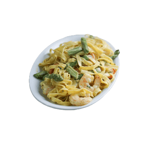 Pasta Gamberetti, zafferano e asparagi Verdi