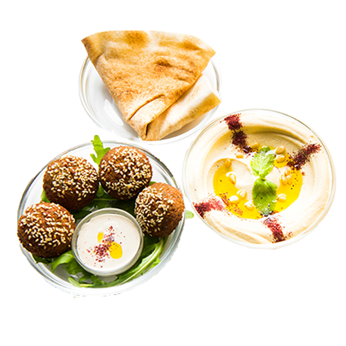 Hummus with falafel, pine nuts and chickpeas