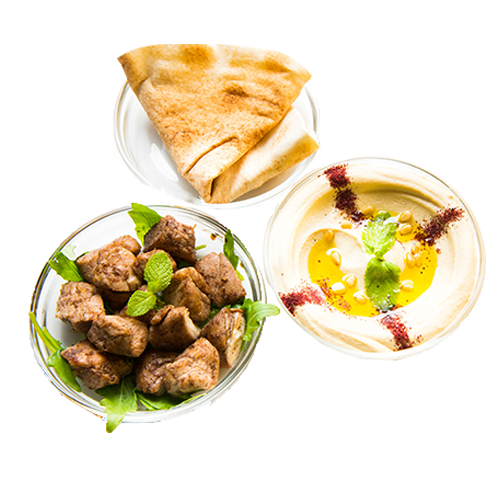 Hummus with chicken, pine nuts and chickpeas
