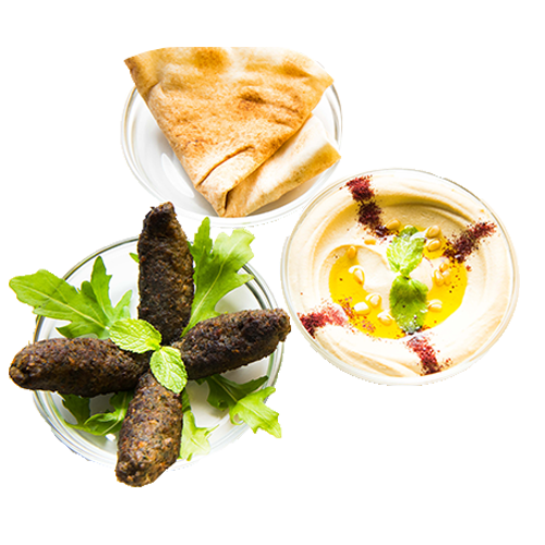 Hummus with kofta, pine nuts and chickpeas