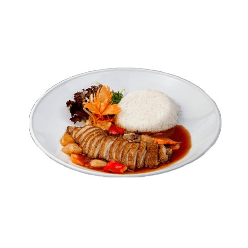 Gekochter Reis mit Hoisinsauce und Gemüse