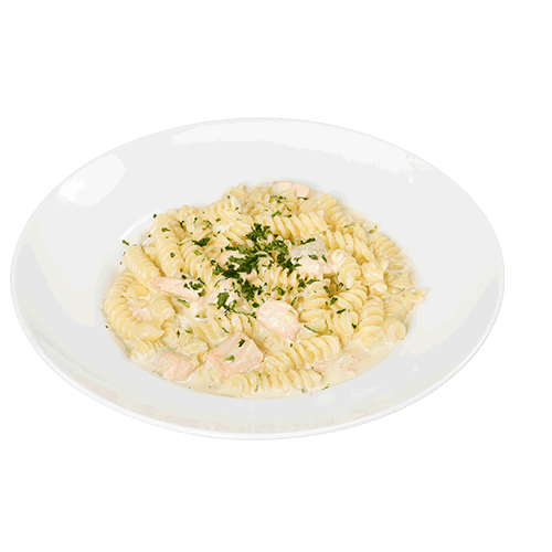 62-Pasta mit Lachsfilet, Zucchini und Sahnesauce