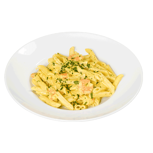 63-Pasta mit Garnelen und Curry-Sahnesauce