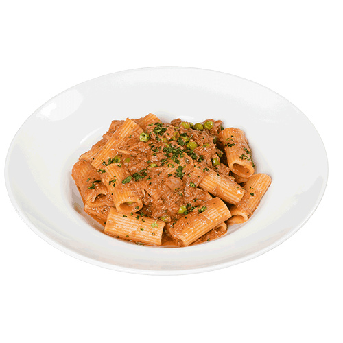 64-Pasta mit Thunfisch, Erbsen und Tomatensauce
