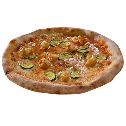 Pizza mit Riesengarnelen und Zucchini