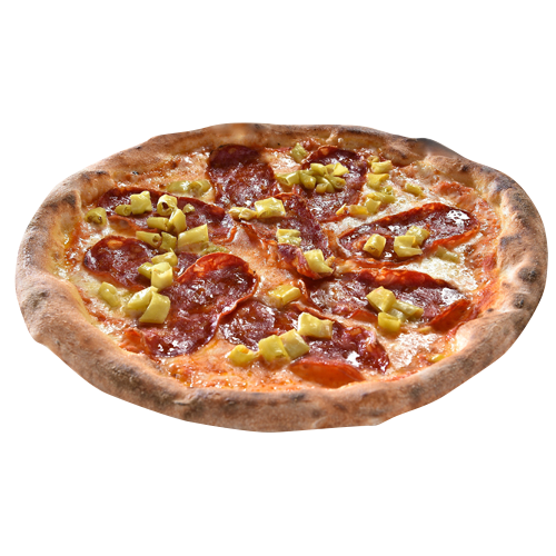 Pizza mit scharfer Salami und milder Peperoni