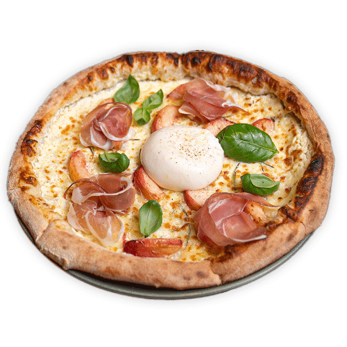Pizza Bianca con Pesche e Crudo