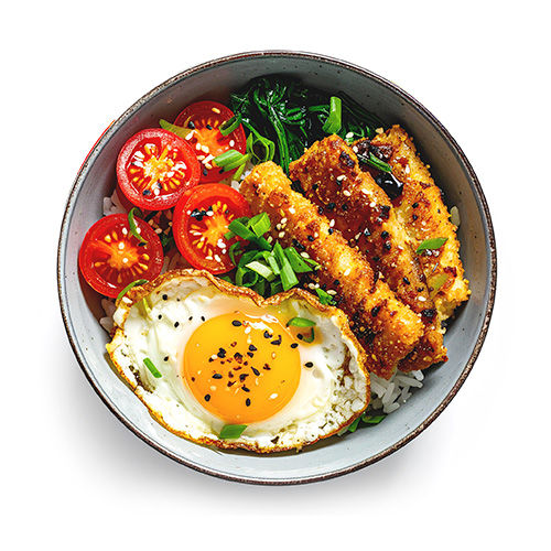 Donburi gebratenem, veganem Fischfilet