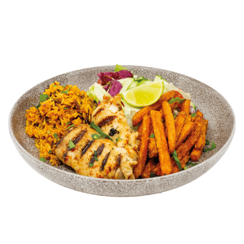 Caribbean Grilled Chicken mit Reis und Salat