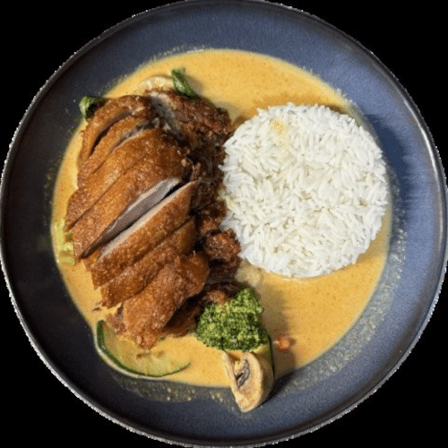 Gebackene Ente mit roter Curry-Kokossauce (scharf)
