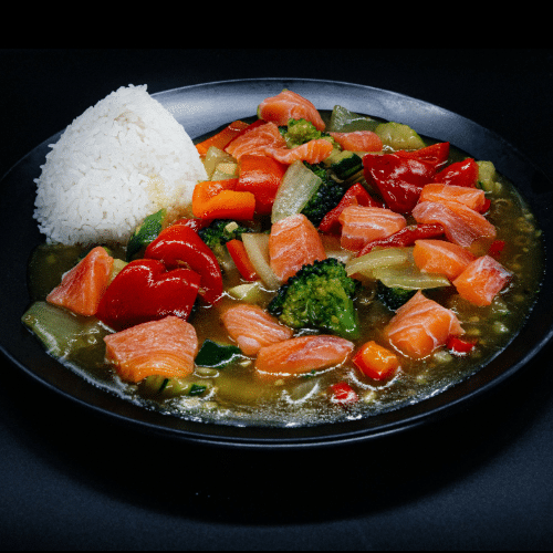 Gebratenes Gemüse mit Lachs (sehr scharf)