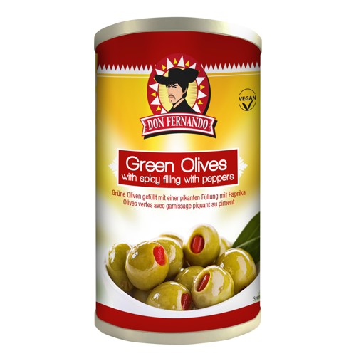 Don Fernando Grüne Oliven gefüllt scharfe Paprikapaste 350g 