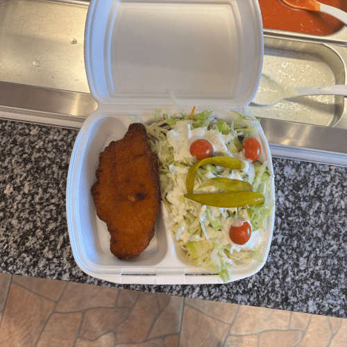 Schnitzel mit Salat und Sauce
