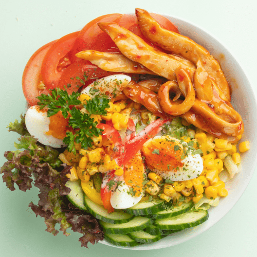 Gemischter Salat mit Hähnchenbrust und Brot