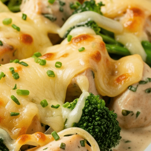 Hähnchen mit Zwiebeln, Sahnesauce und Broccoli