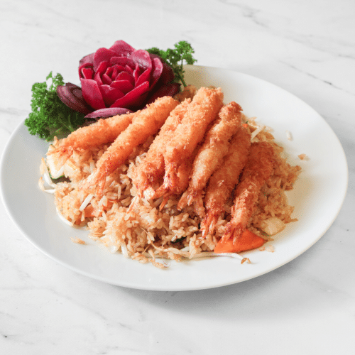 Gebratener Reis mit frittierten Garnelen