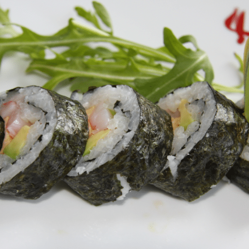 Futo Maki mit gebackenen Garnelen, Rucola, Philadel,Avocado