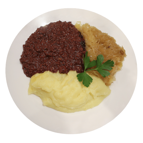 Grützwurst mit Kartoffeln und Sauerkraut