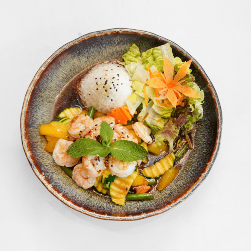 Reis mit veganen Garnelen