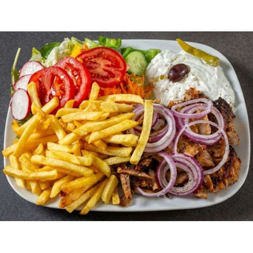 Gyros-Teller mit Pommes, gem. Salat, Zaziki, Zwiebeln