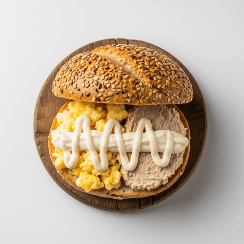 Körnerbrötchen mit Ei, Remoulade und hausgemachte Thunfischpaste