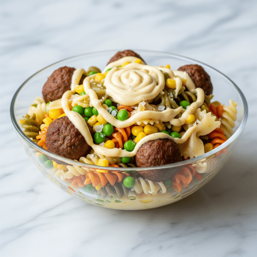 Nudelsalat mit Frikadellen, Mais, Erbsen, Salz und Remoulade