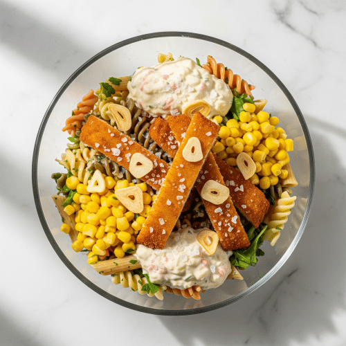 Nudelsalat mit Schnitzel, Mais, Knoblauch, Salz und Remoulade
