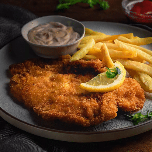 Schnitzel - Champignon-Rahmsauce mit Pommes und Salat