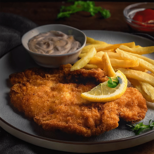 Schnitzel - Hollandaise Sauce mit Pommes und Salat