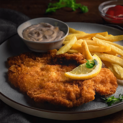 Schnitzel - Käsesauce mit Pommes und Salat