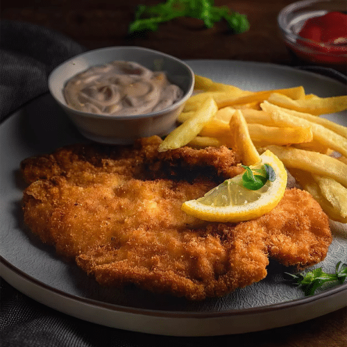 Schnitzel - Stroganoff Sauce mit Pommes und Salat