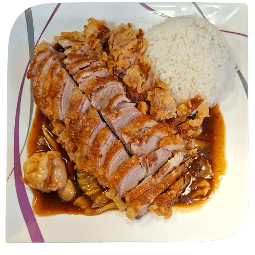 Chili-Knoblauch mit kross gebackener Ente und Garnelen