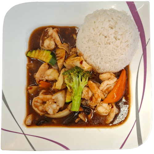 Chili-Knoblauch mit kross gebackener Ente und Garnelen