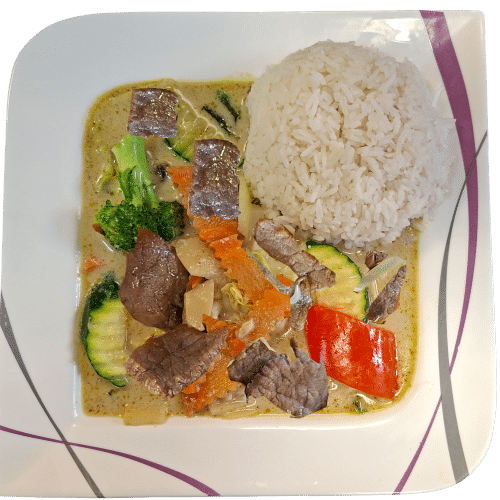 Grünes Curry mit Rindfleisch (scharf)