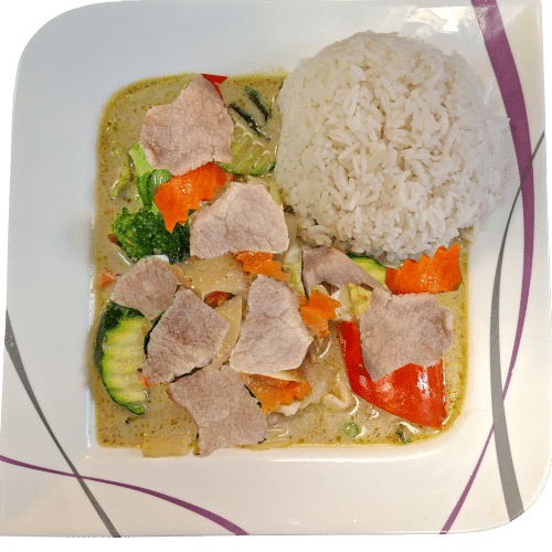 Grünes Curry mit Schweinefleisch (scharf)