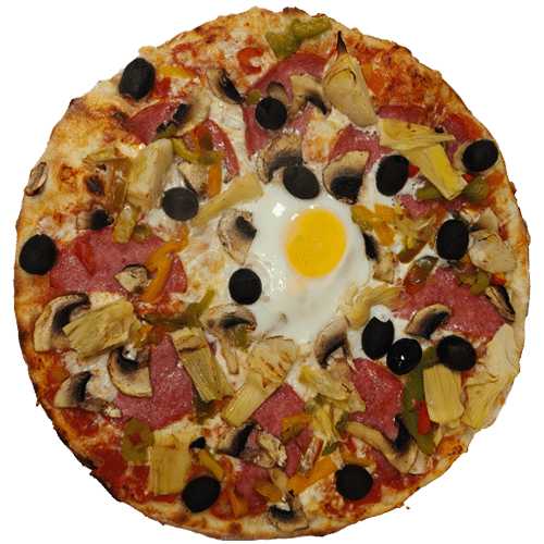 Pizza mit Artischocken, Paprika, Champignons und Salami