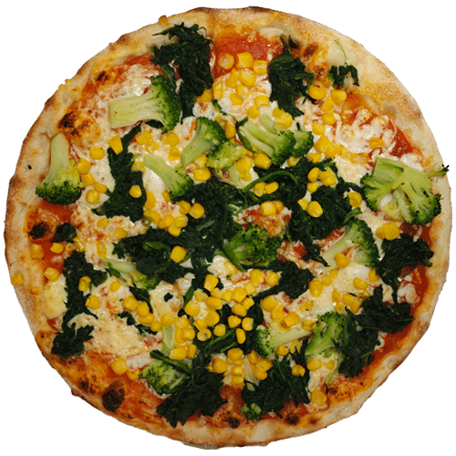 Pizza mit Broccoli, Mais und Spinat