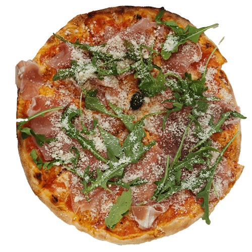 Pizza mit Parmaschinken, Grana Padano und Rucola