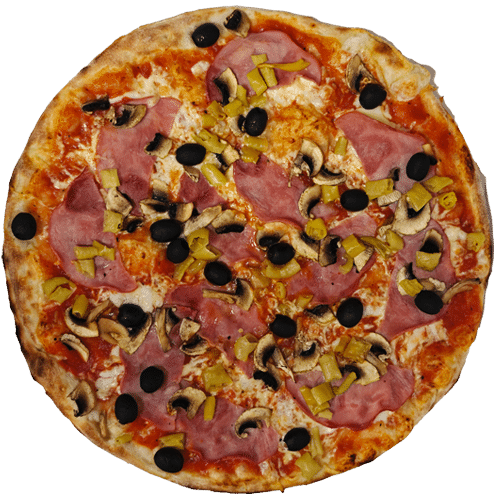 Pizza mit Prosciutto, Champignons, Peperoni, Oliven