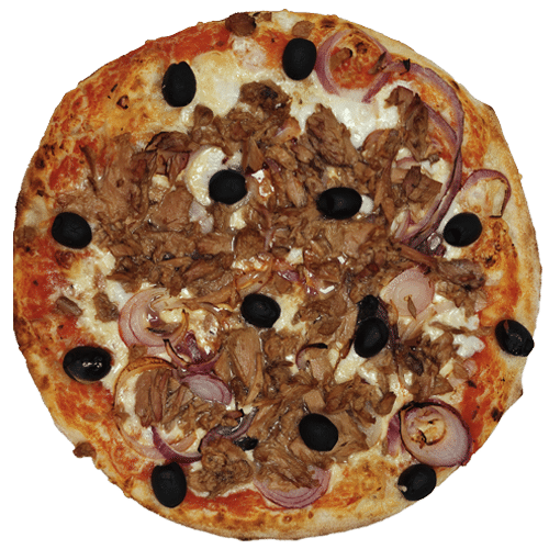 Pizza mit Thunfisch, Oliven und Zwiebeln