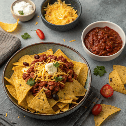 Nachos mit Chili con Carne und Cheddar