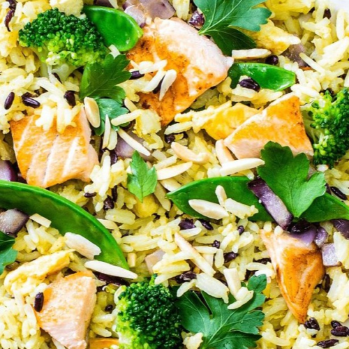 Lachs Reis Pfanne