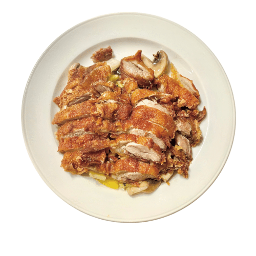 Gebackene Ente mit Gemüse und Currysauce (scharf)