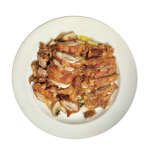 Gebackene Ente mit Gemüse und Knoblauchsauce (scharf)