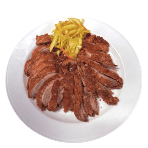 Gebackene Ente mit Kräutersalat und Ananas süße -Sauer-Sauce