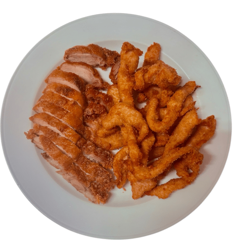 Gebackene Ente und Hühnerbruststreifen