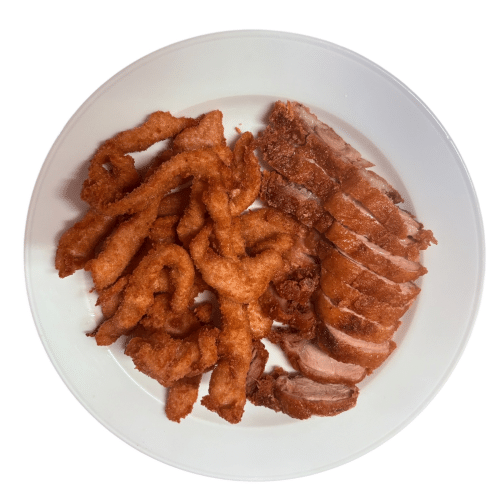 Gebackene Ente und Schweinefleisch streifen