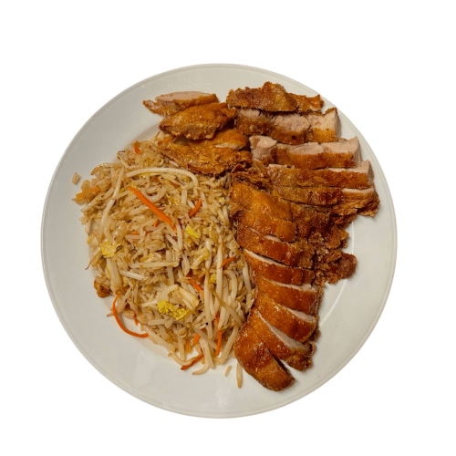 Gebratener Reis mit Ei Gemüse und knusprige Ente