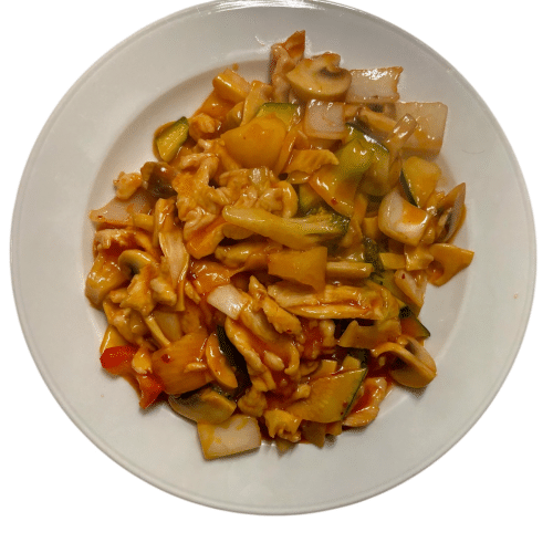 Hühnerbrust mit Gemüse in Süß-Sauer-Sauce (scharf)